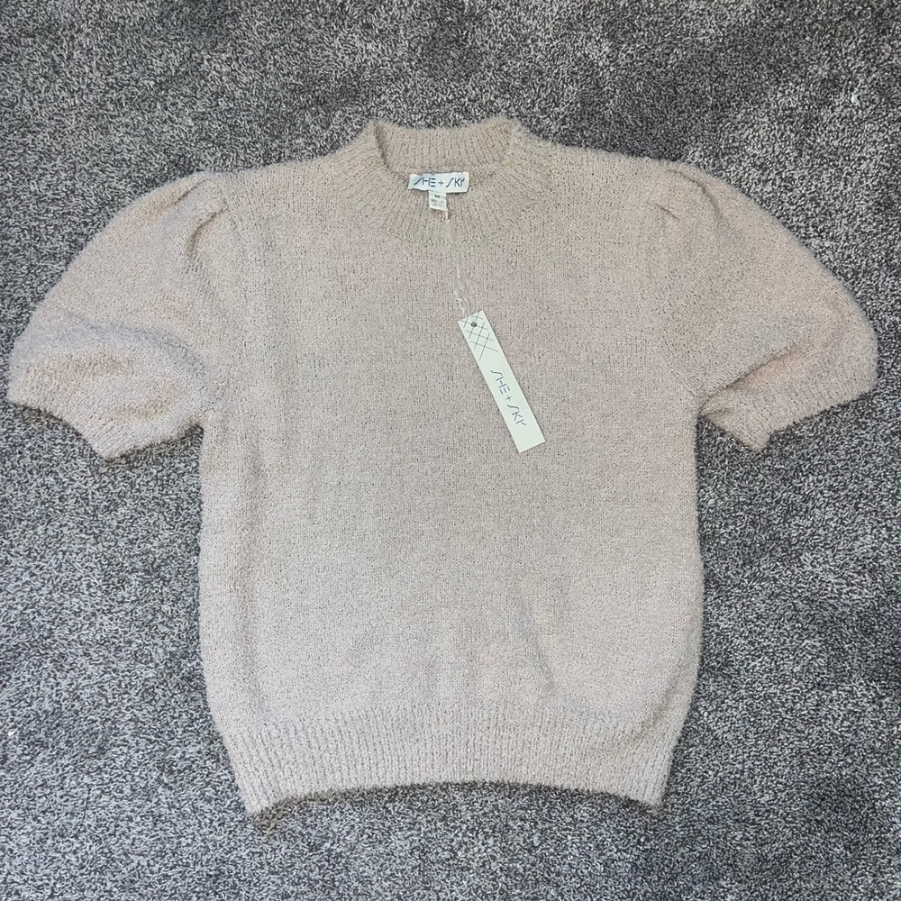 She and Sky Tan Crewneck Sweater with Relaxed Fit